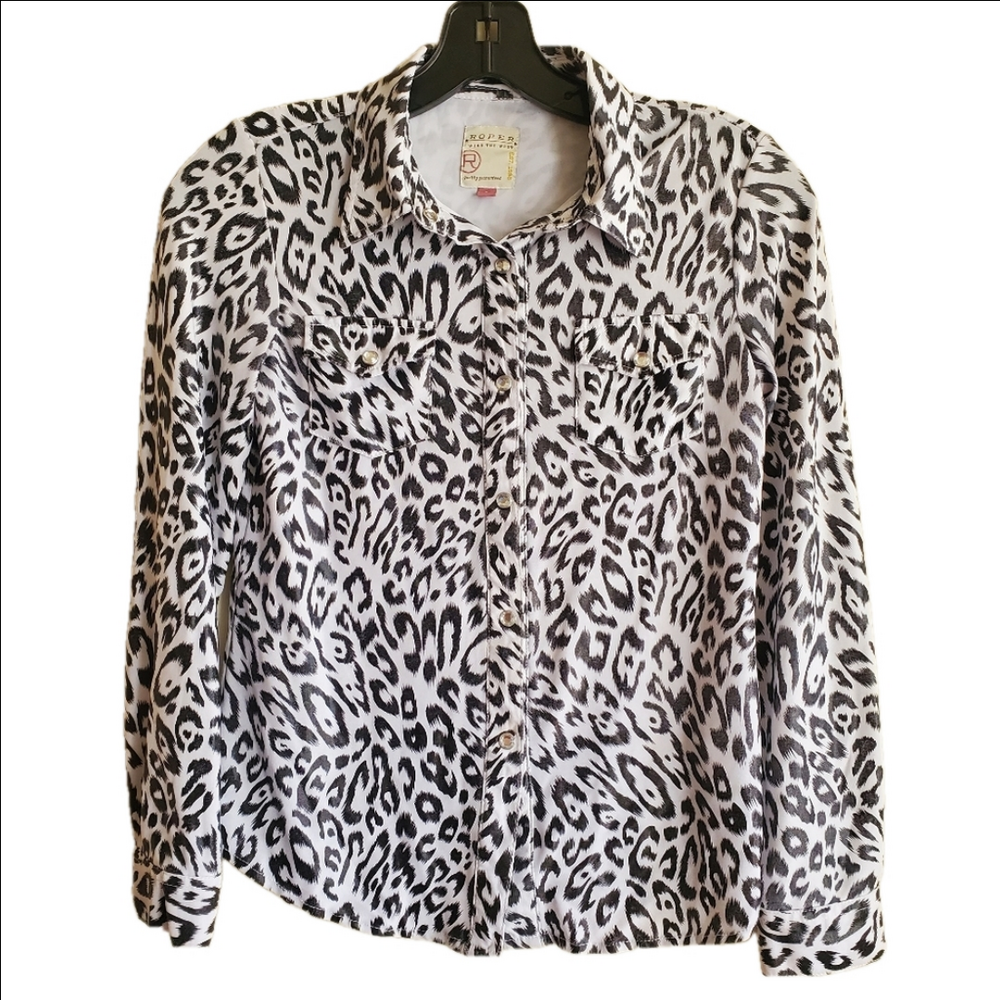 Roper Western Cheetah Leopard Print Gemstone Snap Collared Shirt Size 10-12 GIRL